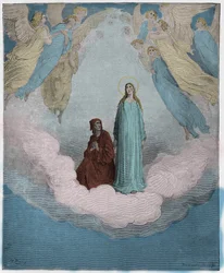 Paraíso, Canto 21: Beatriz bendita en el séptimo círculo, ilustración de La Divina Comedia de Dante Alighieri, 1885 (grabado coloreado digitalmente)